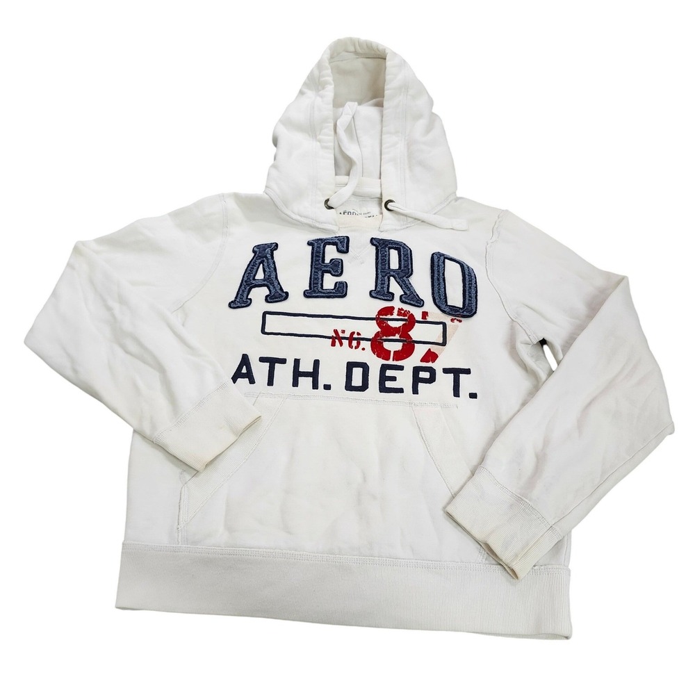 Aeropostale Hoodie Mens Medium Ath Dept No 87 White Graphic Pullover EUC